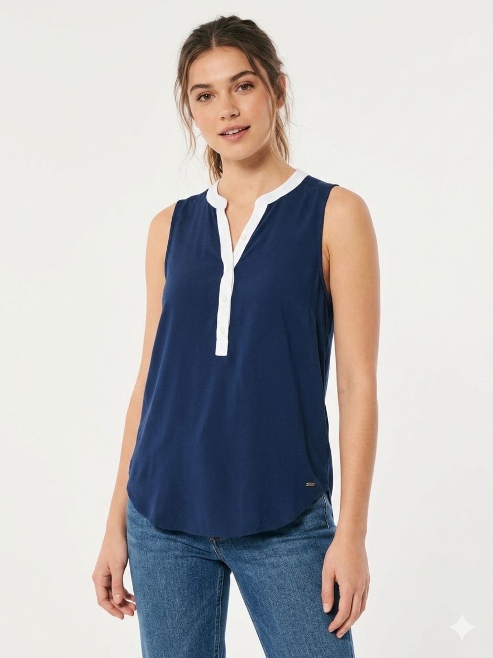 Hollister Navy Sleeveless Henley with White Trim